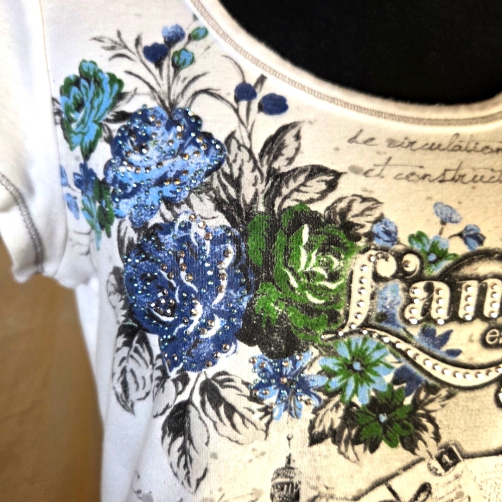 ✨️UPDATED✨️ VTG Y2K Blue Canyon Paris Graphic Tee Rhinestone Eiffel Tower Top M - Picture 9 of 15